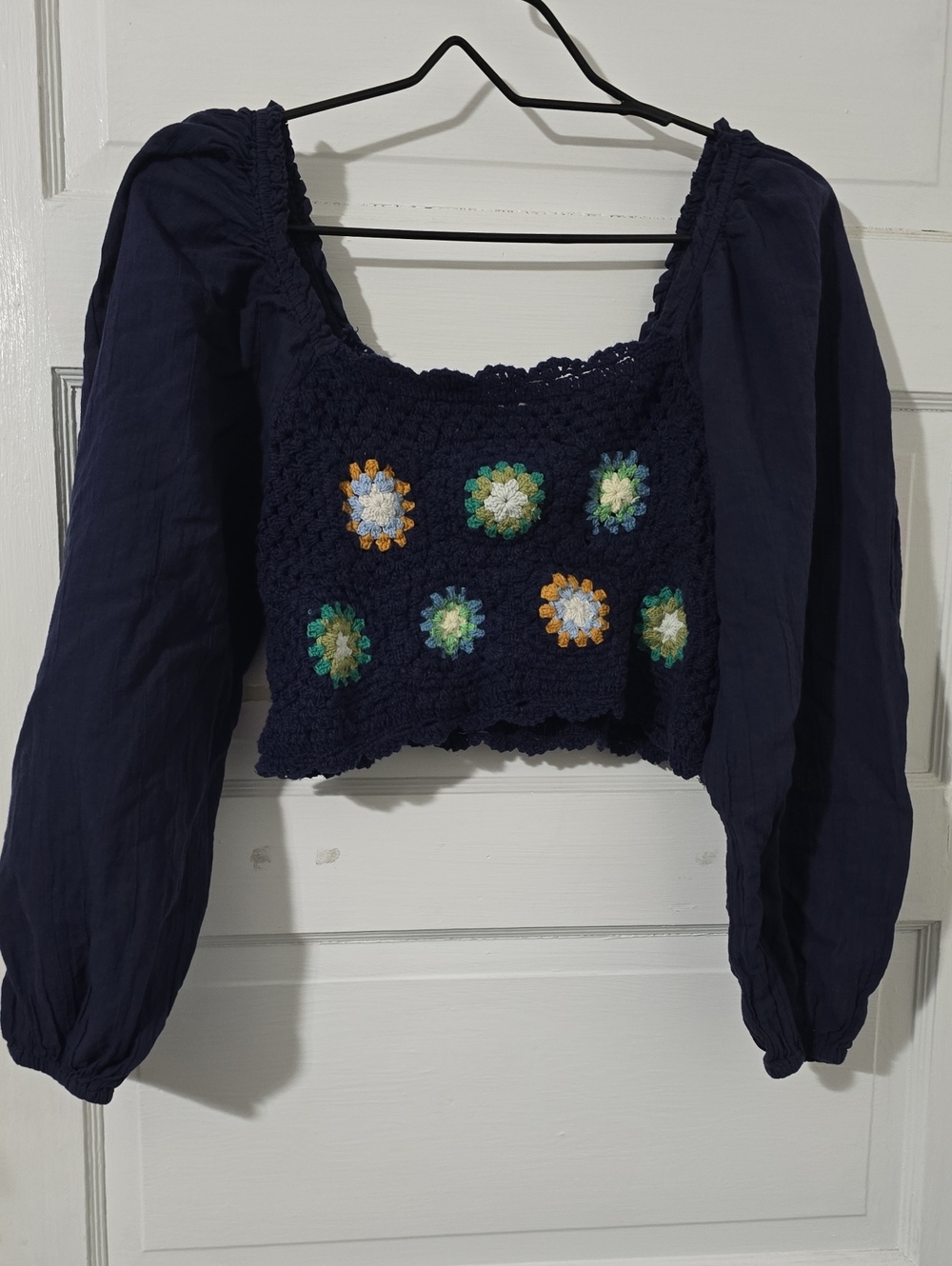 aerie Navy Crochet Puff-Sleeve Floral Crochet Crop Top